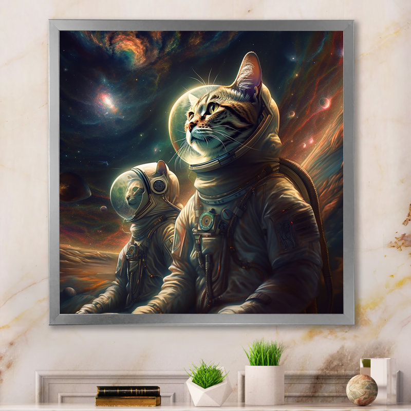 " Interstellar Space Cat ", 16" H x 16" W x 1" D, Gray Single Picture Framed