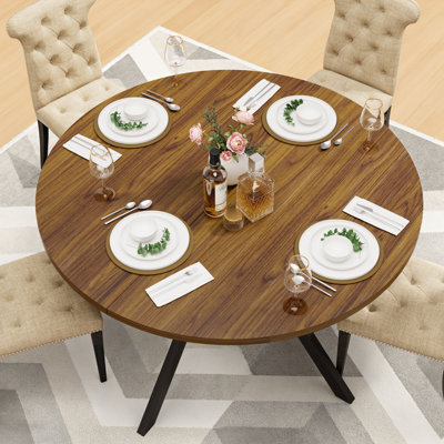 47" Round Dining Table for 4-6, Dining Table with Storage Shelf, Wood Grain Top, Black Metal Legs, Space Saving Dinner Tables, Circle Kitchen Tables, Walnut