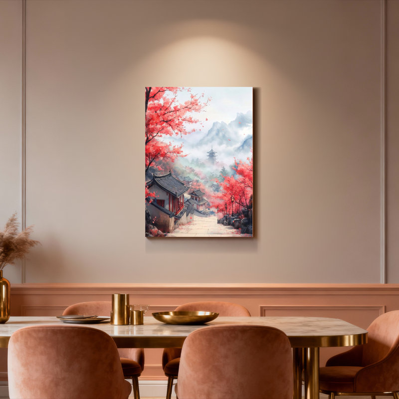 «Cherry Blossom Temple Landscape», ensemble de 1 reproduction d'art sur toile tendue, H 30 po x l 20 po