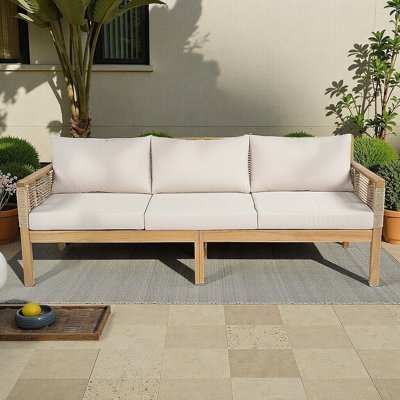 Canapé d'extérieur 3 places en bois d'acacia, canapé de patio en corde tissée à la main avec coussins résistants à l'eau, aspect teck et coussin beige pour le jardin, la cour arrière, la piscine