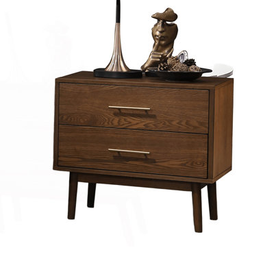 2-Drawer Nightstand With Nickel Bar Pulls And Round Tapered Legs, Bed Side Table