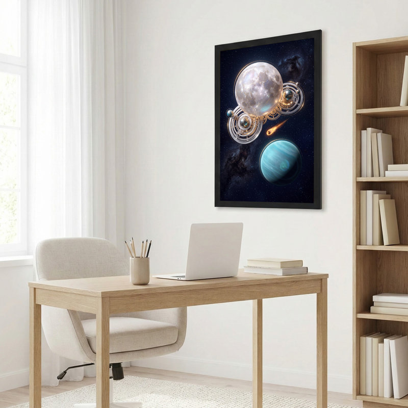 Toile brillante, lune et planète bleue dans un espace étoilé avec engrenages, 18"H x 12"W