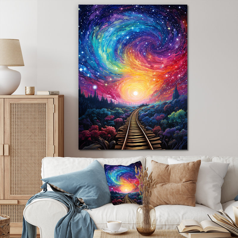 «Starry Night Train Traces To The Sky II», art mural Vangogh, Black Picture Framed, H 20 po x l 12 po