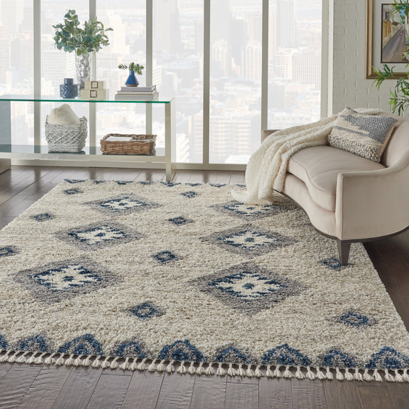 Tapis gris / beige / bleu à poils longs Ileyah Southwestern, Rectangle 4 pi x 6 pi