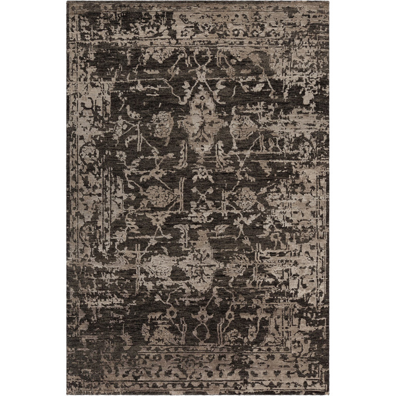 Tapis oriental transitionnel en laine tissé à la main gris et noir Sasha Authentic, Rectangle 5 pi x 7 pi 6 po