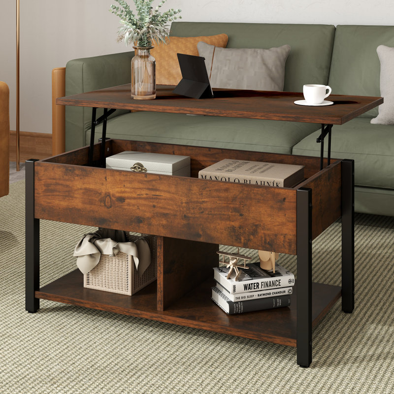 Modern Farmhouse Rectangular Lift-Top Coffee Table with Hidden Storage and Open Shelf