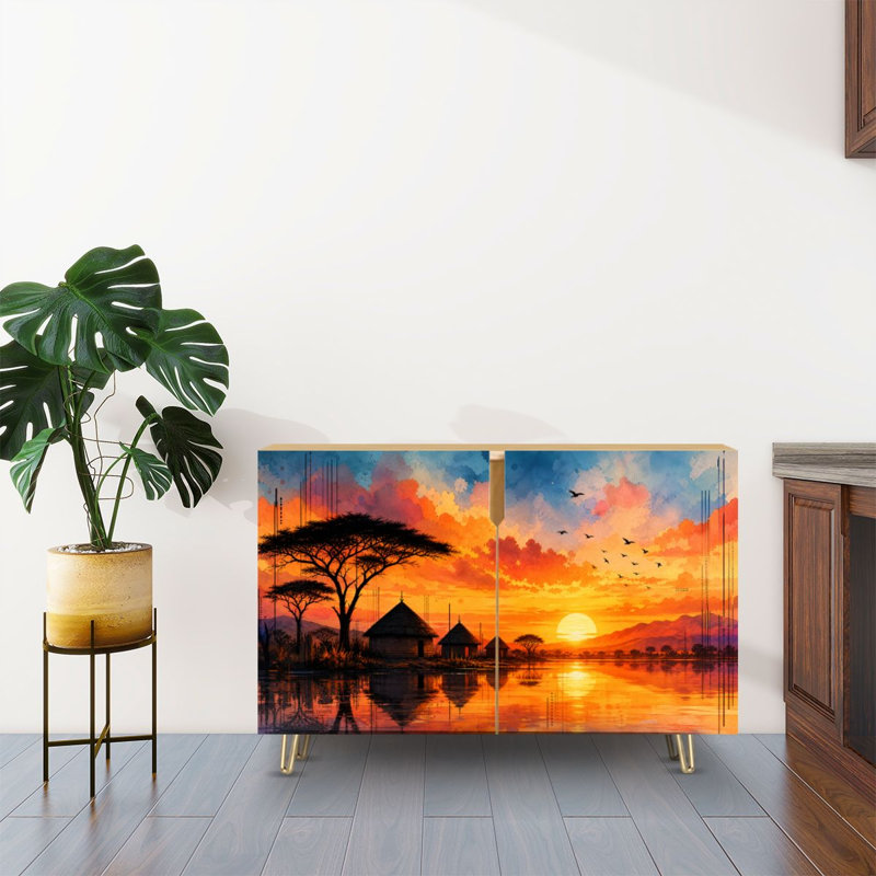 Buffet à 2 portes, style traditionnel moderne, avec des cabanes au coucher du soleil et des reflets sur l'eau. Console, meuble de rangement en bois sur pied, idéal pour la cuisine, la salle à manger, le salon, l'entrée ou un coin café.