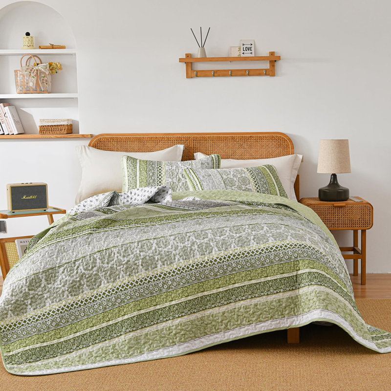 Ensemble de courtepointe 3 pièces Boho, Courtepointe pour lit grand + deux taies décorati, Vert sauge