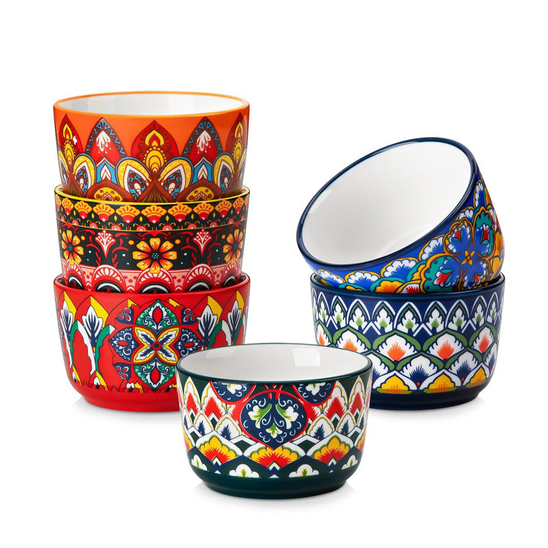Ensemble de ramequins en céramique, vases de cuisson en porcelaine avec motif floral botanique et bordure verte, plats à soufflé et crème brûlée allant au four, va au micro-ondes et au lave-vaisselle