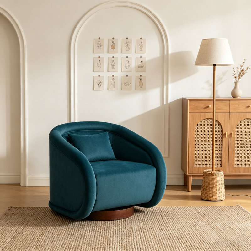 Fauteuil d'appoint pivotant, fauteuil demi-tonneau pivotant à 360 degrés, Velours sarcelle