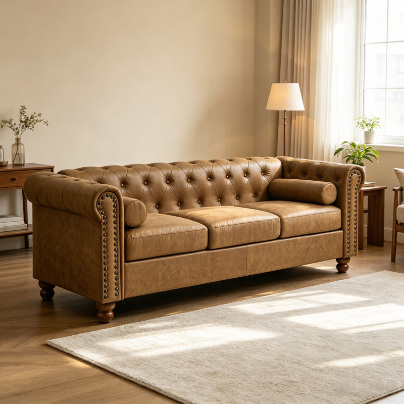 Canapé Chesterfield classique avec garniture cloutée pour salon, tissu technique marron 3 places