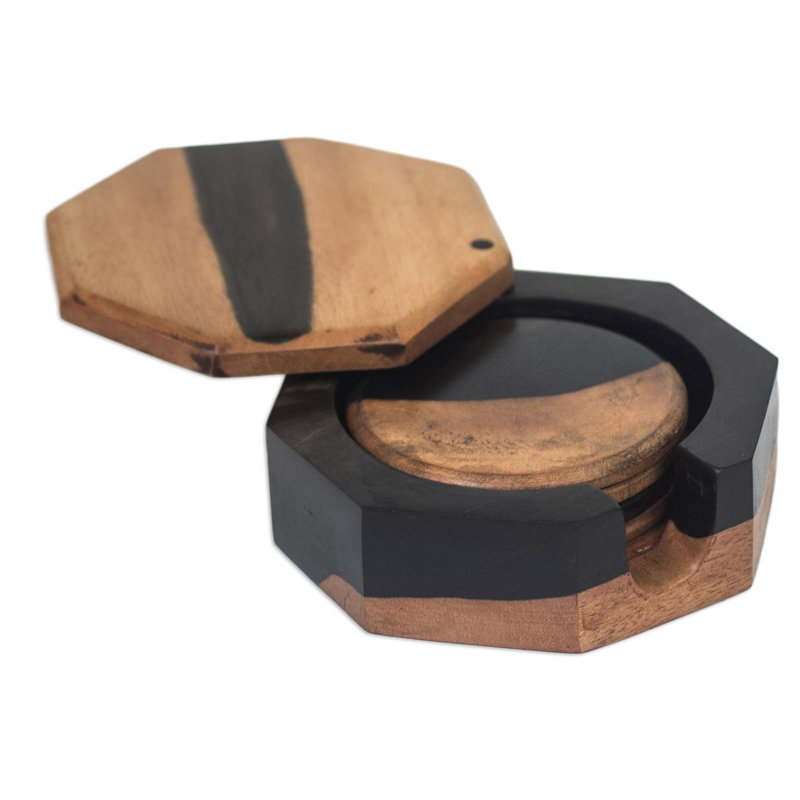 Wood Round 4 Piece Coaster Set With Holder
