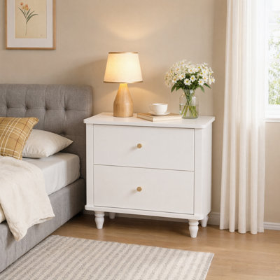 Table de chevet à 2 tiroirs, table de chevet en bois avec poignées rondes et pieds tournés, petit meuble de rangement pour chambre à coucher, chambre de bébé, chambre d'enfant