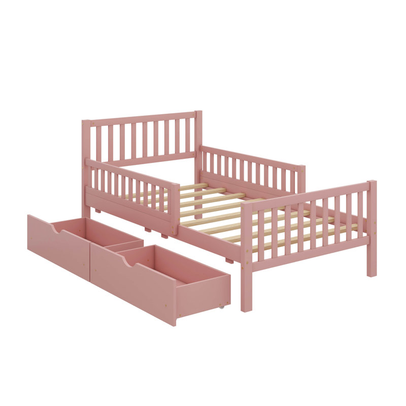 Lit plateforme simple en bois avec garde-corps des deux côtés, incluant deux tiroirs de rangement, Rose