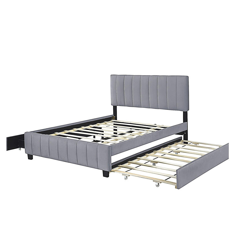 Lit plateforme double en velours avec 2 tiroirs et 1 lit double TG - gris
