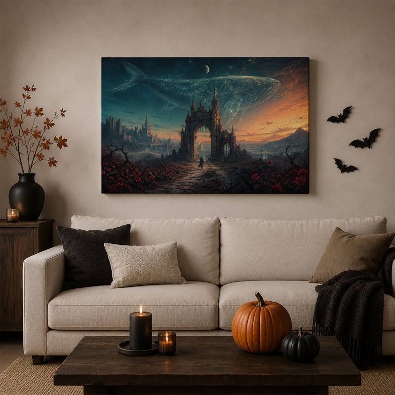 Baleine étoilée planant au-dessus d'une arche gothique et toile murale rouge d'Halloween, H 16 po x l 24 po