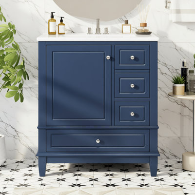 Meuble-lavabo 30 po avec lavabo en céramique, meuble-lavabo autoportant en bois massif avec porte à fermeture en douceur, tablette et 3 tiroirs