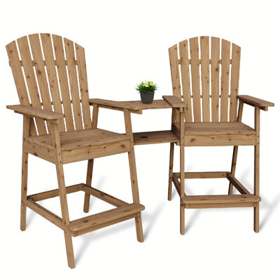 Outdoor Adirondack Barstools with Tray – Set of 2 Tall Wooden Bar Chairs, High Back, Footrest & Umbrella Hole for Deck, Patio, Balcony by Dovecove