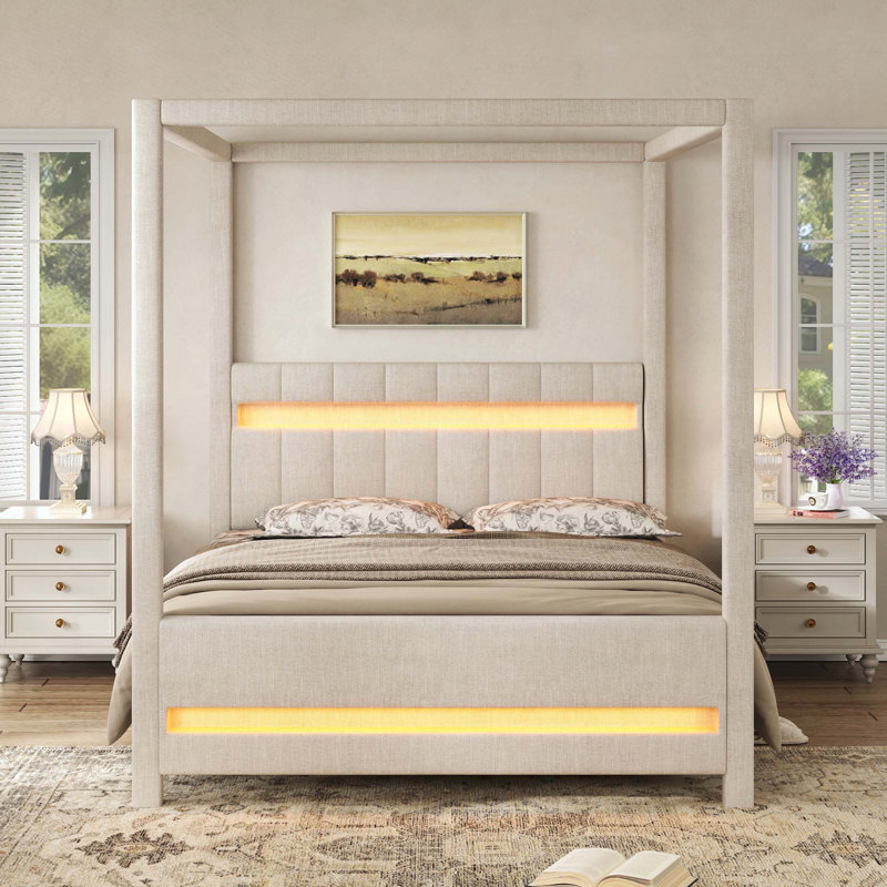 Grand lit plateforme à baldaquin tapissier avec lumières DEL, Aucun rangement inclus