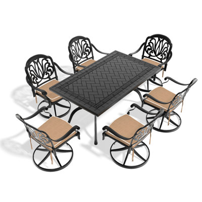 Outdoor 7 Dining : 6 Swivel Chairs & Rectangular Table In Olive Black All-Weather Dining: Navy