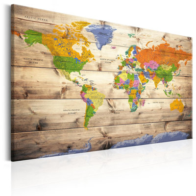 Carte sur bois, voyages colorés sur toile
