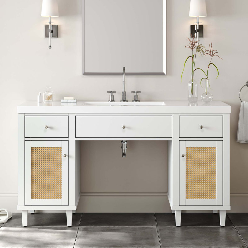 Meuble-lavabo moderne avec lavabo SMC et rangement à fermeture en douceur, Blanc