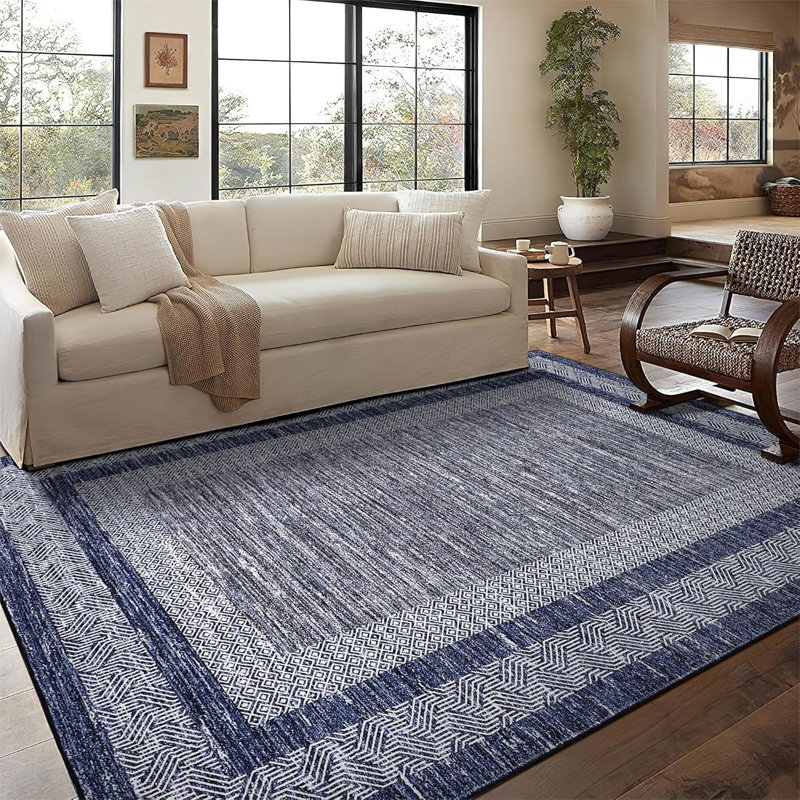 8x10 Modern Rug Thin Washable Non-Slip Geometric Border Low Pile Foldable Soft Non-Shedding Indoor Accent Carpet Gray
