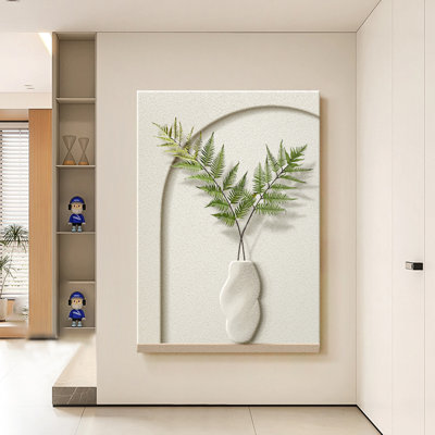 Art mural crème en grès arqué avec vase irrégulier et fougère artificielle pour le salon