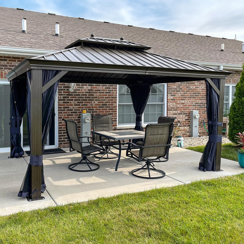 PURPLE LEAF Permanent Hardtop Gazebo for Patio with Netting and Curtains Deck Backyard Heavy Duty Sunshade Metal Roof All Weather Outdoor Pavilion Canopy
