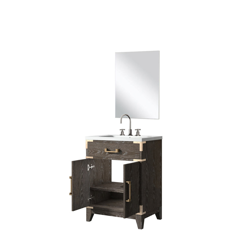24 po De salle de bain en chêne brun, avec comptoir en acrylique, miroir, meuble-lavabo simple en chêne, comptoir,