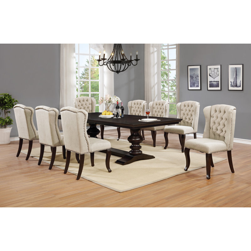 Gledhill 9 Piece Extendable 84" or 104"L Dining Set with 8 Beige Linen Chairs