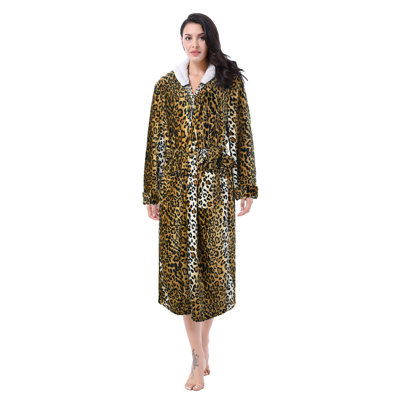 Catalonia Women's Plush Fleece Long Robe with Hood, Warm Comfy Fluffy Bathrobe, Cheetah