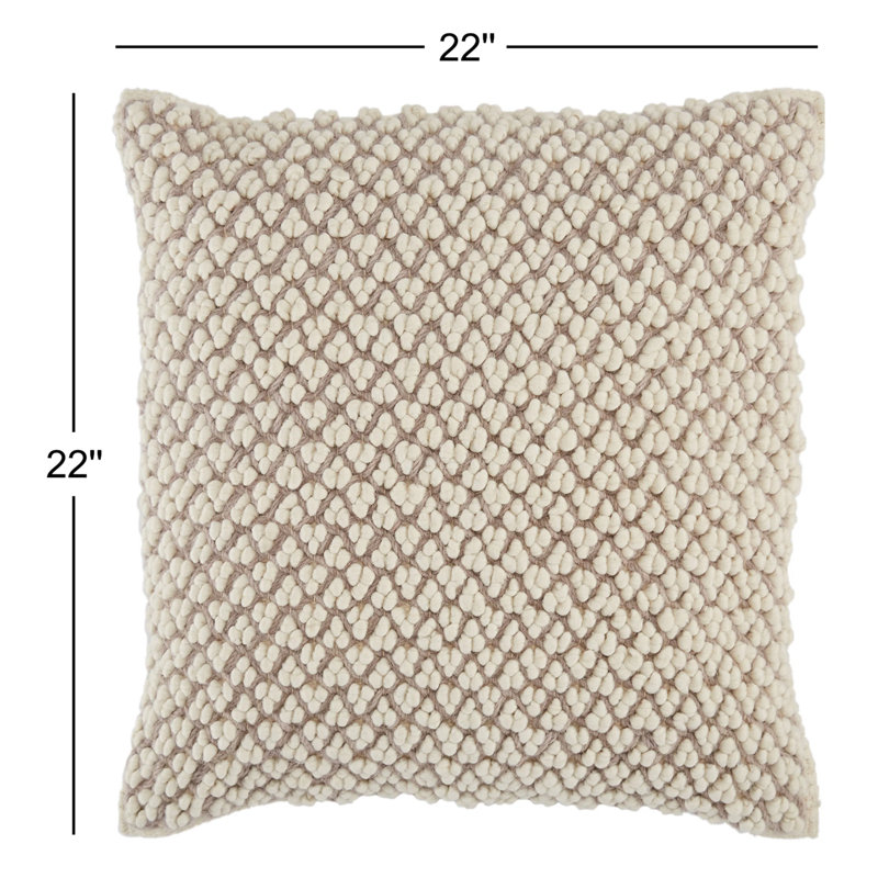 Tan and Ivory Wool Embroidered Square Throw Pillow