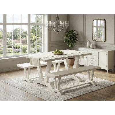 3 Pc Table Set - 1 Wood Dining Table and 2 Mid Century Modern Bench - Stable and Durable Construction - Linen White Table Top and Linen White 