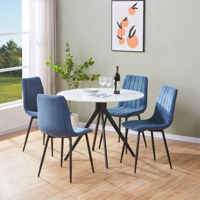 Aspen Sintered Stone Round Table with 4 Straight Stitch Upholstered Fabric Chairs - Modern Dining Set