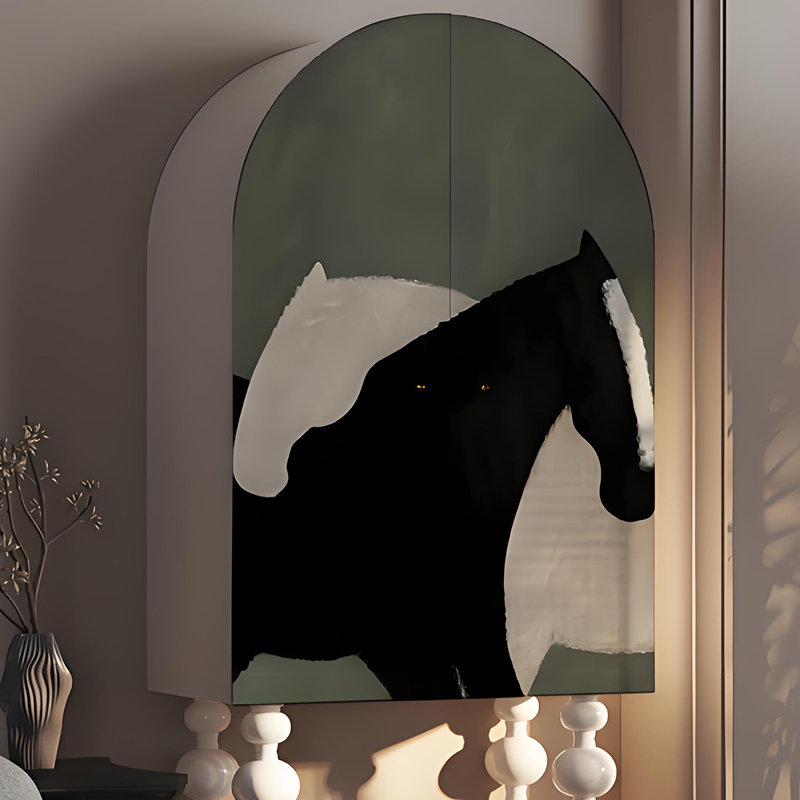 Armoire de rangement en bois massif avec motif de cheval, Ivoire blanc