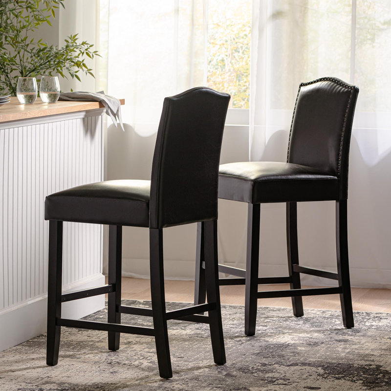 Ensemble de 2 tabourets de bar rembourrés à hauteur de comptoir de 26,25 po avec garniture cloutée, brun, polyuréthane, Brun