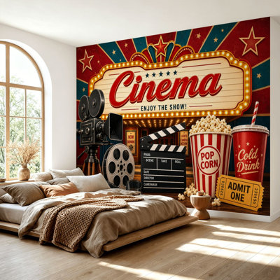 Papier peint adhésif rétro-collé Cinéma rétro Caméra rétro Popcorn Theatre Signalisation auto-adhésif amovible Papier contact mural pour le salon Chambre à coucher H 69 po x l 96 po