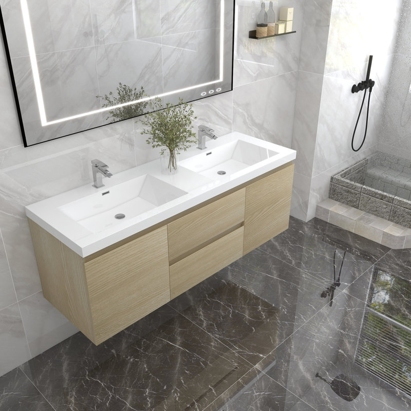 Auvillar 60 " W Wall Mounted Wall Mounted 2 Double Vanity Bathroom Vanity With Acrylic Top, White Oak