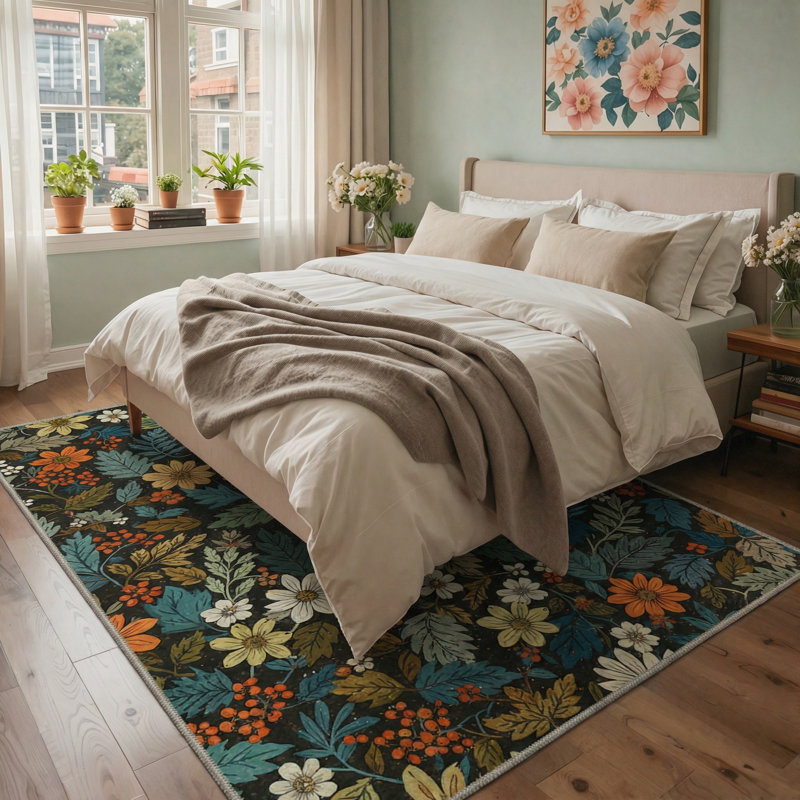 Tapis noir / blanc / vert à motif floral lavable à la machine avec envers antidérapant Ammons Edenwood