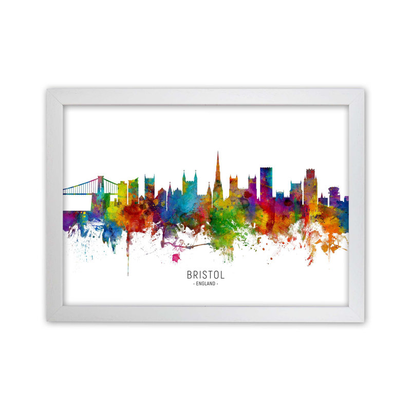 Bristol England Skyline by Michael Tompsett - Print, White Framed, 25cm H x 34cm W x 3cm D