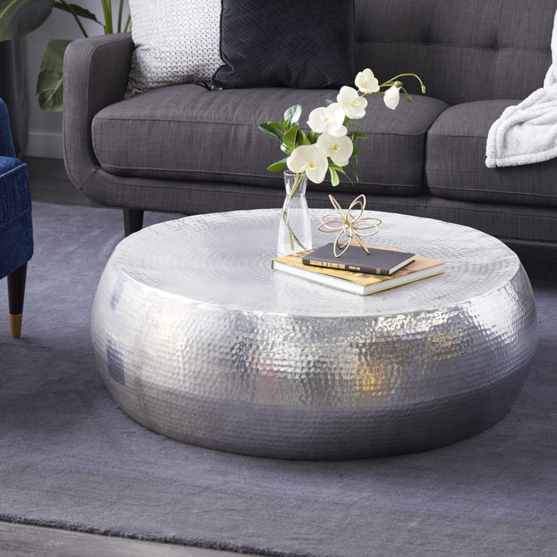 Silver Aluminum Metal Living Room Coffee Table with Hammered Design, 42" x 42" x 14", 14'' H x 42'' W x 42'' D