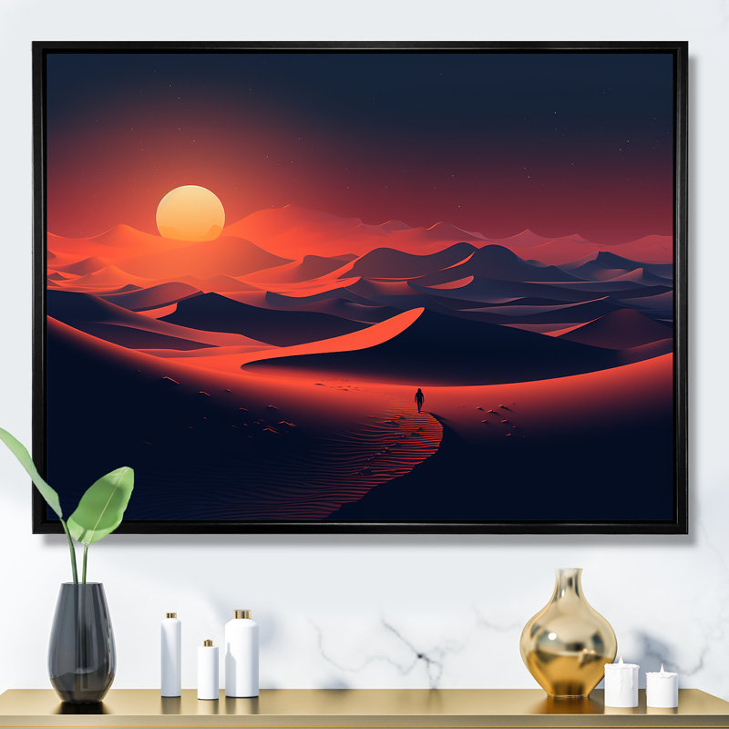 Marcher dans le désert du Sahara au coucher du soleil II - désert, art mural, Cadre d'angle fermé noir