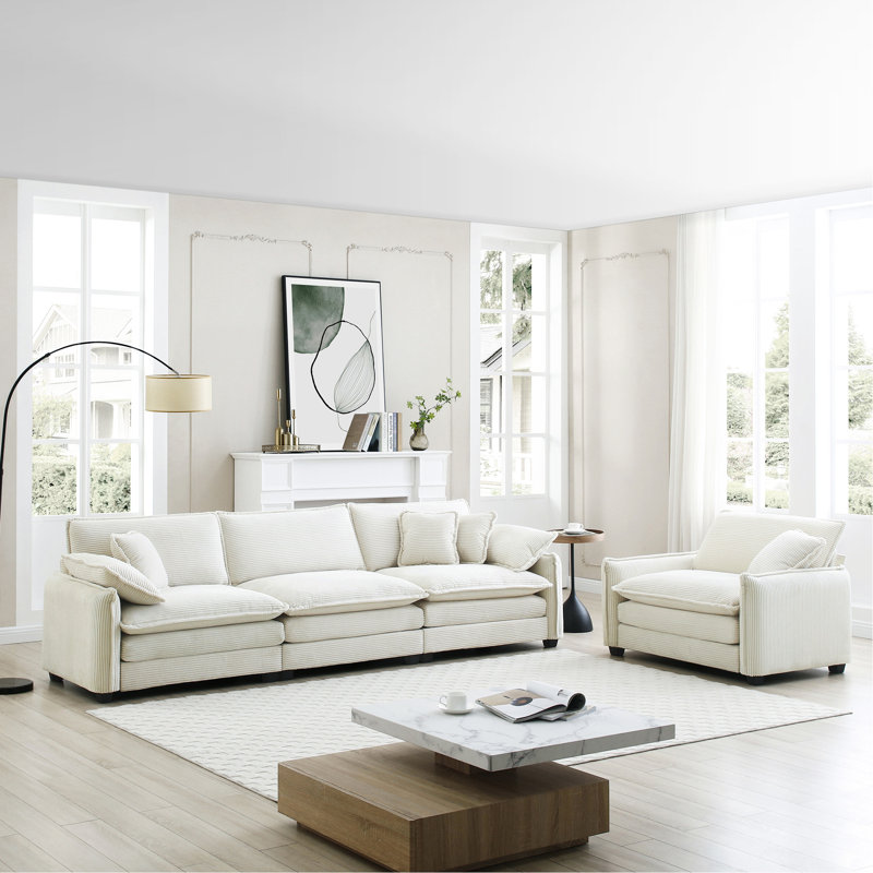 2 velours côtelé beige moderne de style Mid-Century: 3, siège simple, 4 coussins pour le salon