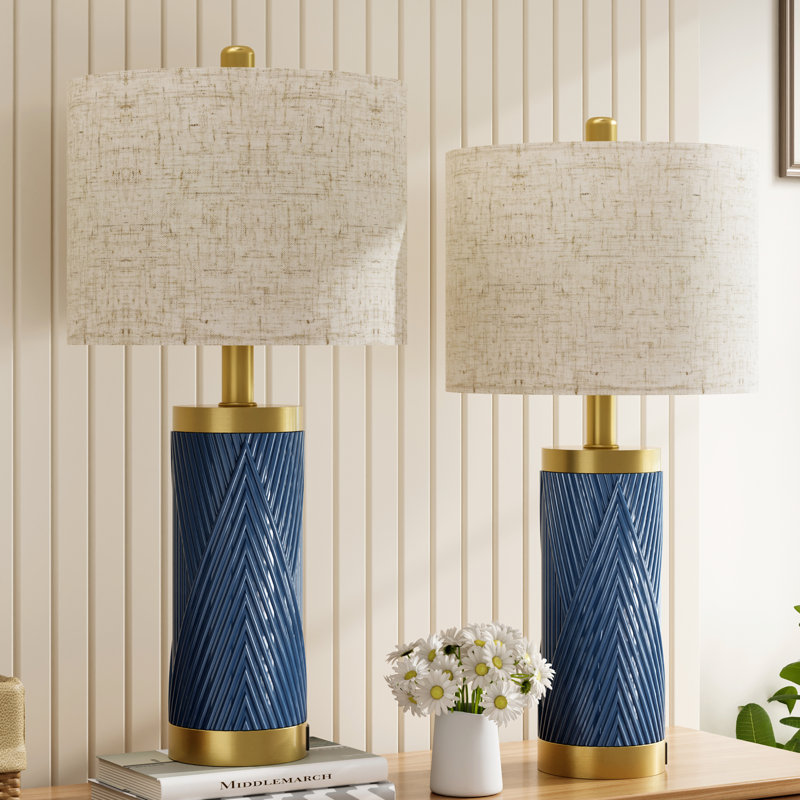 24.5'' Ceramic Table Lamp with USB Ports, Modern Bedside Lamp for Living Room (Set of 2), Blue, Blue