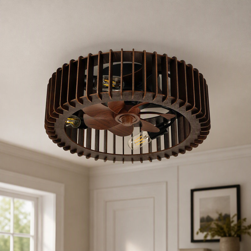 Semi Flush Mount Ceiling Light, Ceiling Light with Handcrafted Wooden Sat Shade