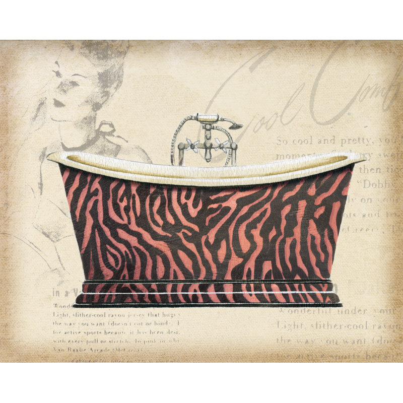 Pink Zebra Bathtub - Painting Print, Black Floater Framed, 20 cm H x 30 cm W