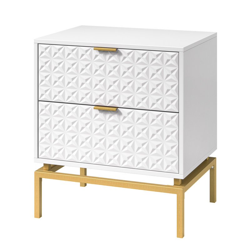 Lydon Mid-Century 25'' Tall 2-Drawer End Table with Metal Base and Built-in outlets, White