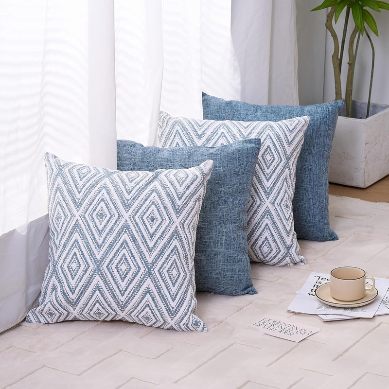 Blue Square Linen Pillow Covers, 4 Pack Decorative Cushion Cases For Sofa And Living Room, Blue