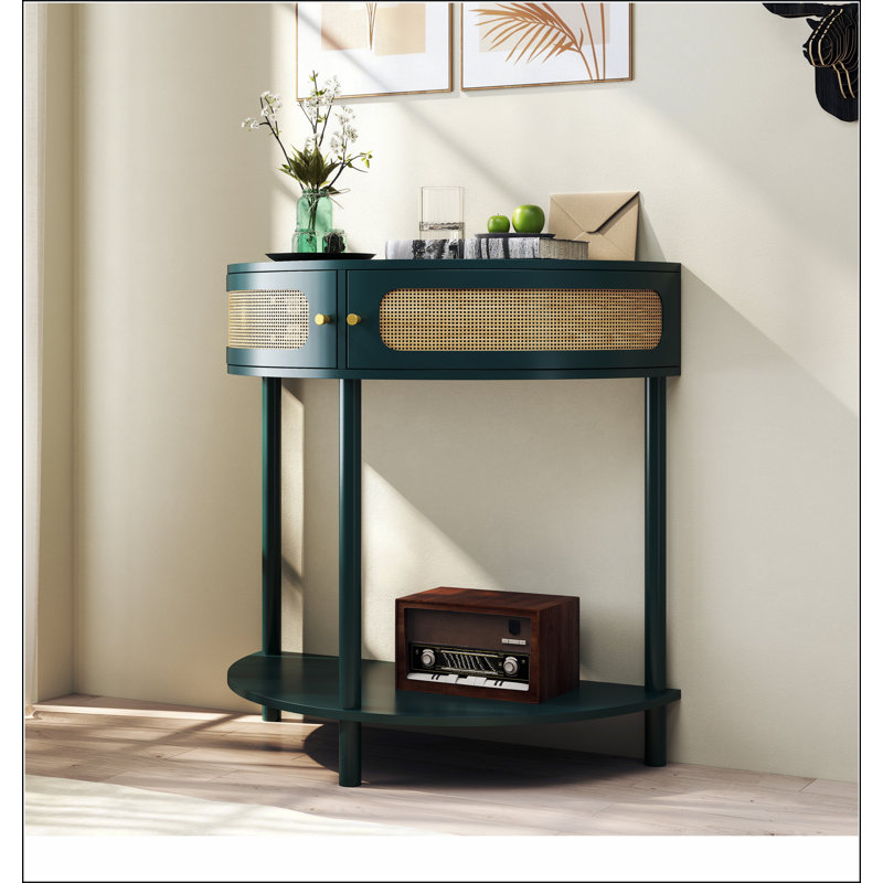 Unique Half Moon Design End Table with Sliding Rattan Door,Elegant Semi-circle Entryway Console Table with 2 Rattan Storage Cabinet and Bottom Shelf for Living room, Bedroom, Study, Hallway(Green)